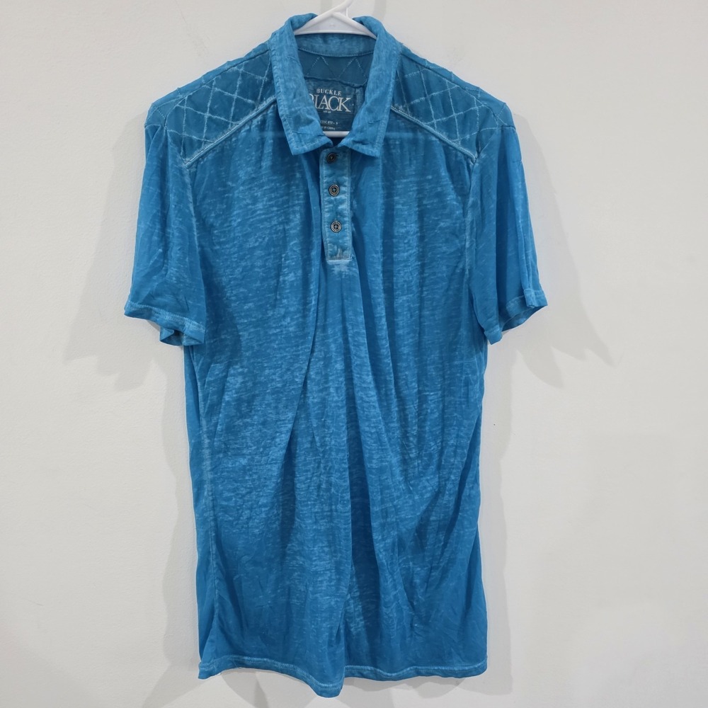 Y2K Buckle Black Mens Burnout Polo Shirt Size Small Athletic Fit Blue Grunge